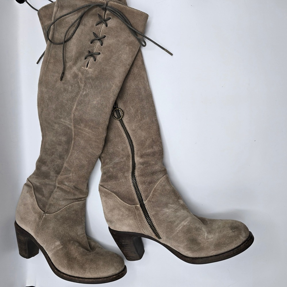 Florentini Baker Suede Over The Knee Boots Lace Up Heeled Taupe Size 37.5 Italy